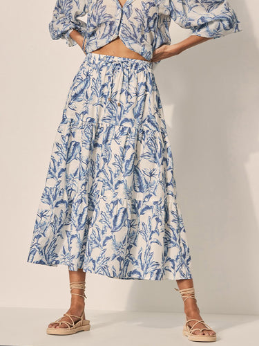Blue & White floral tiered maxi skirt on model