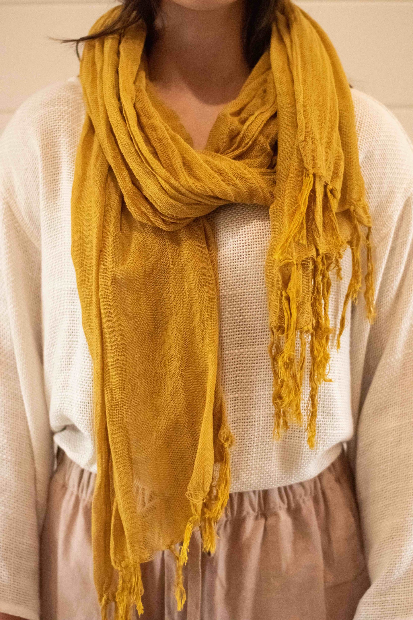 Close up of Mustard scarf