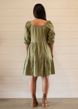 Load image into Gallery viewer, Model wearing khaki tiered dress back view
