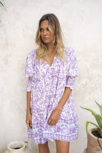 Load image into Gallery viewer, Purple &amp; white floral mini dress on model
