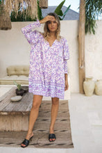 Load image into Gallery viewer, Purple &amp; white floral mini dress on model
