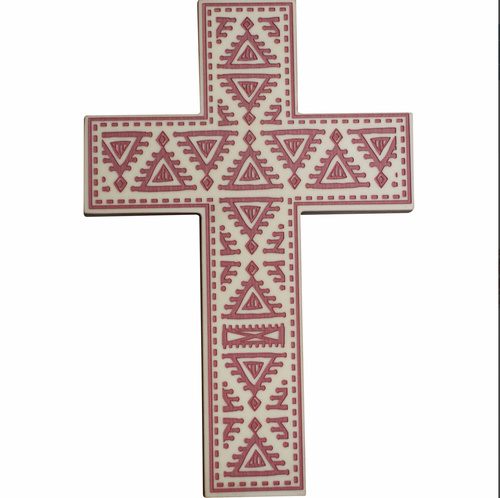 Pink & white wooden cross with intricate details