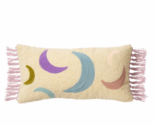 Coloured crescent moons fringe cushion