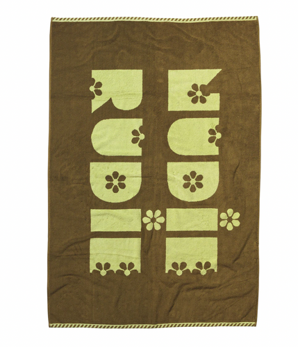 Brown towel with 'Nudie Rudie' print