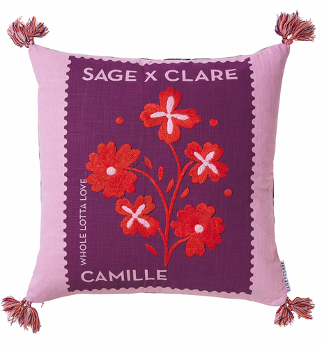 Purple cushion with sage x clare flower embroidery with tassles